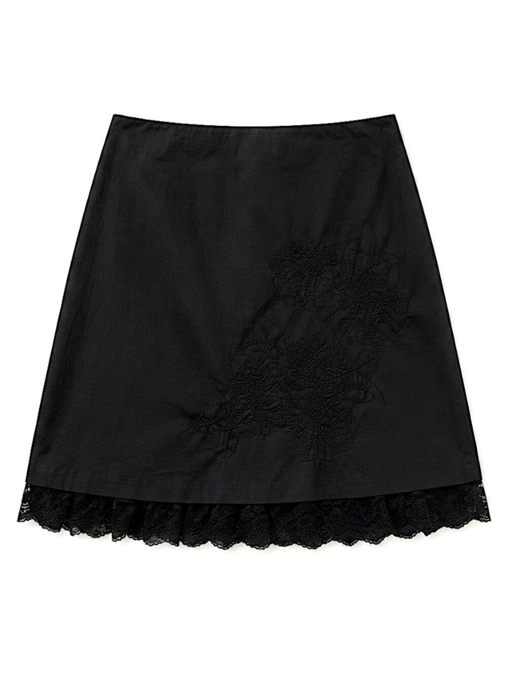 SUZY SHIER -  Black Embroidered & Lace-Trim Knee-Length Skirt